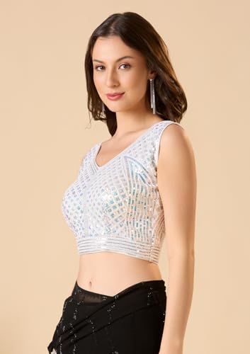 S SALWAR STUDIO White V Neck Pearl Beaded Readymade Blouse
