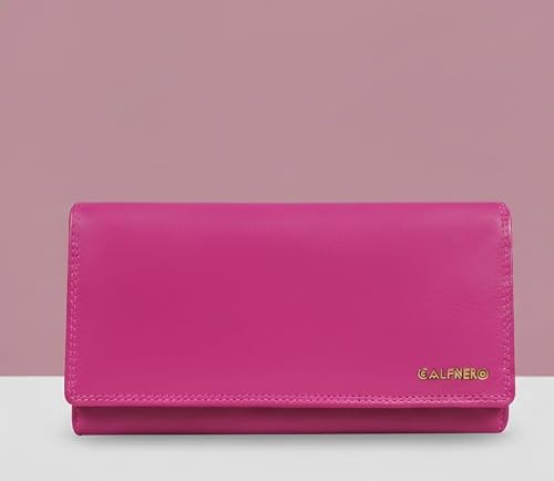 Calfnero Women's Genuine Leather Wallet-Long Purse Wallet with Multiple Card Slots, Zip Pocket and Note Compartment (Pink)