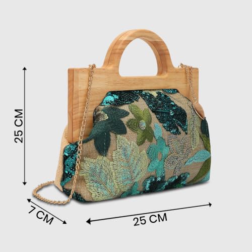 Caprese Emily in Paris Riyo Embroidered Clutch for Women | Medium Handheld Bag with Chain Strap | Faux Leather Evening Clutch | Kiss-Lock Closure | Metal Charm
