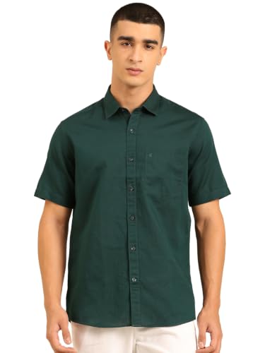 Cavallo by Linen Club Men's Half Sleeve Solid Regular fit Linen-Cotton Casual Shirt Dark Green