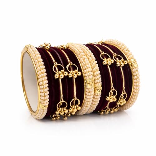 STREE STORE Gold Plated Chooda Set | Maroon Velvet Bangles, Beads & Kashmiri Ghunghri Design | Traditional Bridal Jewellery Set of 32 Bangles for Women | Premium Imitation Jewellery