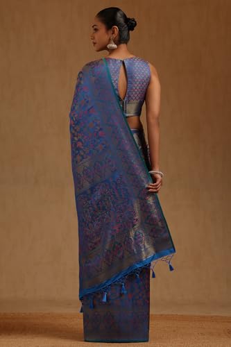Soch Womens Blue Tussar Floral Woven Design Saree