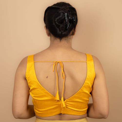 Women's Dupion Raw Silk Sleeveless V Neck Sabyasachi Cut Readymade Saree Blouse Padded Stitched Lining Designer Indian Festive Blouse | S4 (Yellow, 46)