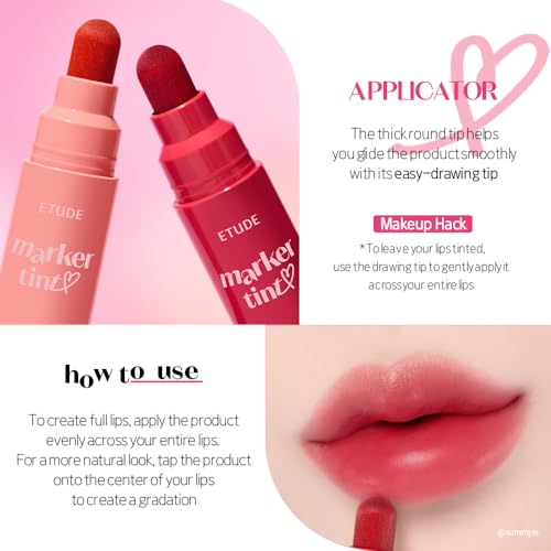 ETUDE Dear Darling Marker Tint| Hydrating & Long Lasting Lip Stain | High Pigmented Lip Maker with Easy Drawing Tip | Korean Lip Tint, Korean Makeup, Kbeauty, 06 Grape Soda- 3.5g