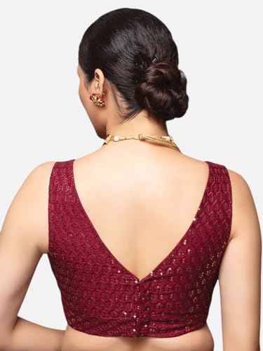 Biyu Women's Silk Sequinned V-Neck Readymade Saree Blouse (Maroon, 42)