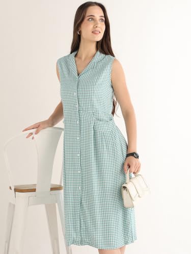 Hancock Women Green & White Gingham Checked Lapel Collar Pure Cotton Shirt Style Midi Dress
