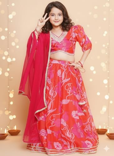 Naixa Girls Red Chanderi V Neck 3/4 Sleeve Floral Printed Choli and Lehenga with Dupatta Set | Latest Floral Designer Printed Lehenga Choli Set for Girls (SE09_7-8 Year)