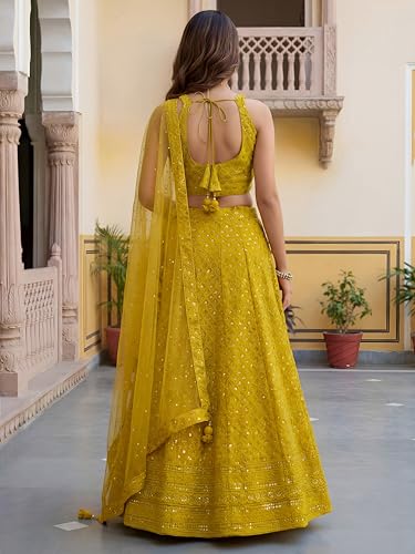 Zeel Clothing Women's Sequins Thread Embroidered Georgette Lehenga Choli With Dupatta (5124-Yellow-Women-New-Lehenga-Choli; Free size) (Yellow)