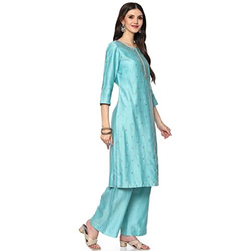 BIBA Women's Ethnic Turquoise Cotton Kurta Suit Set (Size_2XL)