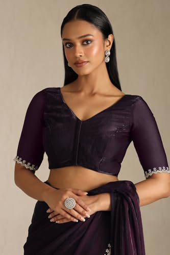 Soch Womens Wine Organza Saree With Stone Work