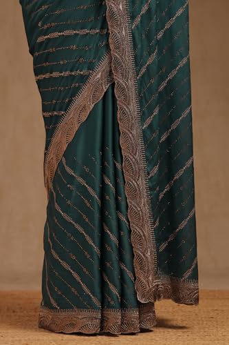 Soch Womens Turquoise Blue Fendy Chiffon Embellished Saree With Stone Work