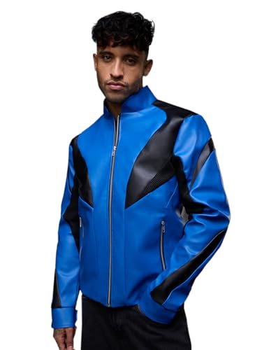 The Souled Store Biker Jacket: Blue Ranger Men and Boys Full Sleeves Mock Collar Blue and Black Colour-Block Polyester Regular Fit Breathable Zippered Closure Winter Biker Jacket