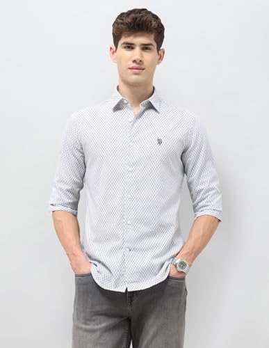 U.S.Polo Association Men's Tailored Fit Geometric Printed Shirt (USSHT3430_Light Grey_40)