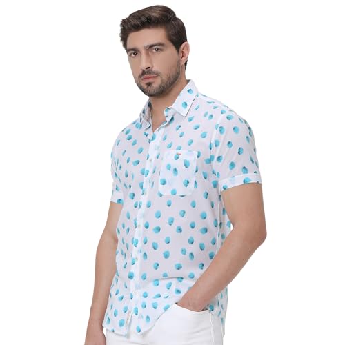 MUFTI Men Casual Shirt | Slim Fit Short Sleeve Spread Collar Polka Dot Design | Lightweight 100% Cotton & Breathable Fabric for Summer, Weekend & Vacation Wear| Bright Turquoise 6XL