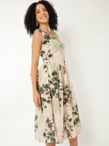 Max Women Printed A-line Midi Dress(Green_XL)