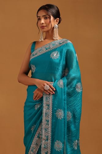 Soch Womens Turquoise Blue Fendy Organza Floral Saree With Zari Embroidery and stone work