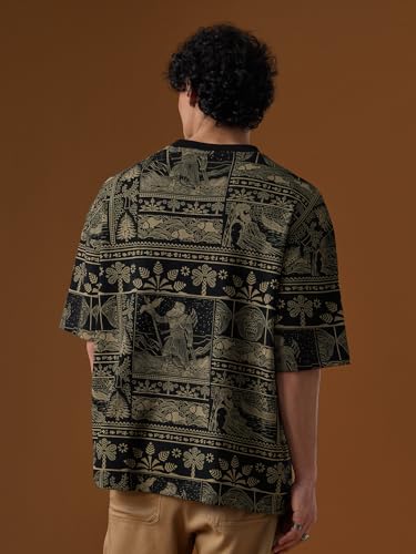 The Souled Store Nomad: Gilgamesh Men and Boys Short Sleeves Round Neck Black Mythological All Over Print Casual Drop Shoulder Cotton Super Oversized T-Shirt