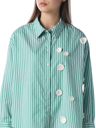ONLY Women's Vertical Stripes Regular Fit Green Shirt