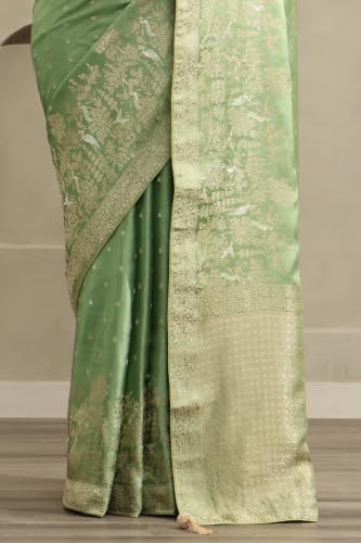 Soch Womens Olive Satin Botanical Zari Woven Saree