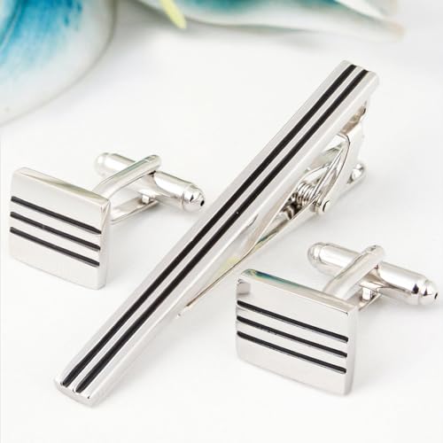 Peluche Mr. Deeper Enamel Sleek Look 2 Silver Cufflink and TiePin Set for Men (Black and Silver)