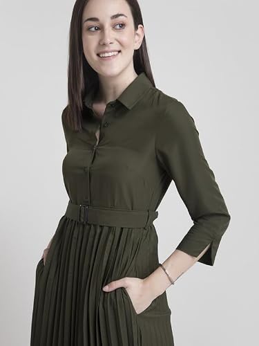 FableStreet Women's Polyester Collared Pleated Fit and Flare Midi Dress - Olive
