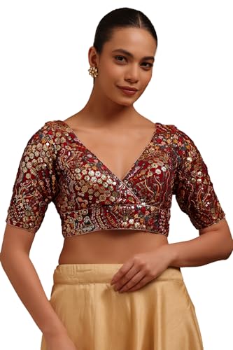 Soch Womens Maroon Georgette Embroidered Padded Blouse with Sequins