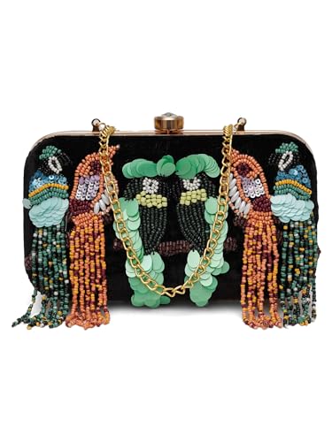 FABBHUE Women's Black Bird Hand Embroidery Party Wedding Box Clutch Purse Bag with detachable Sling
