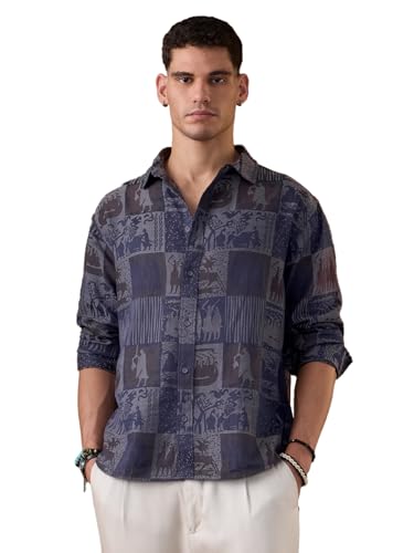 The Souled Store Nomad: Viking Men and Boys Long Sleeve Spread Collar Dark Blue Abstract Print Casual Trendy Holiday Ready Easy to Style Cotton Relaxed Shirt