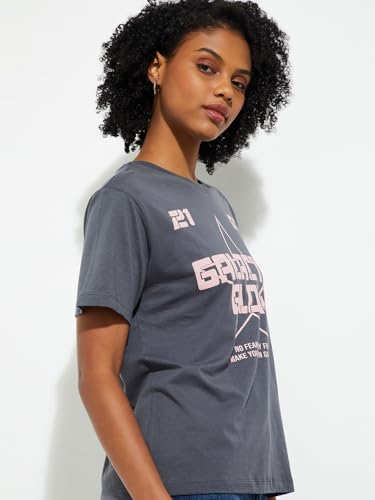 Max URB_N Women Printed Relaxed Fit T-Shirt (Grey_XL)