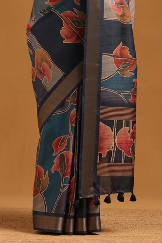 Soch Womens Blue Tussar Botanical Saree