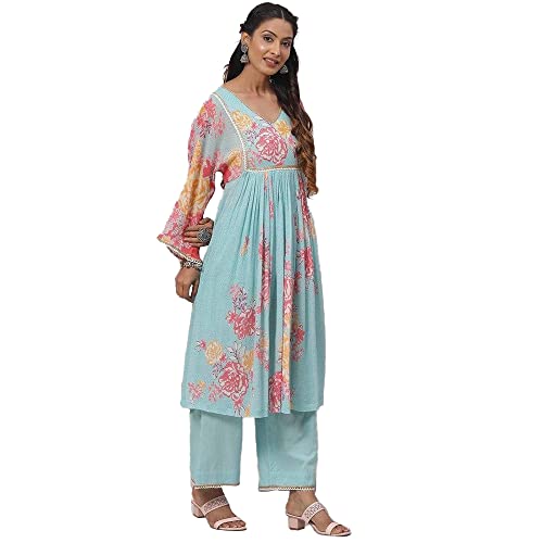 Biba Women's Cotton Printed Straight Salwar Kurta Dupatta (Skdphool Ba8073_Sky Blue_42)