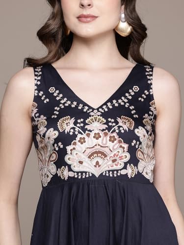 Label RITU KUMAR V Neck Sleevesless Printed Long Dress Black