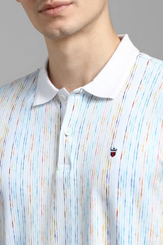 Louis Philippe Men White Stripe Polo Neck T-Shirt