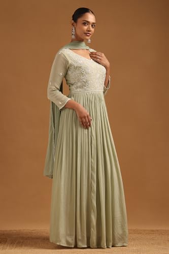 Soch Womens Sap Green Chinon Floral Gown with Cutwork and Stones