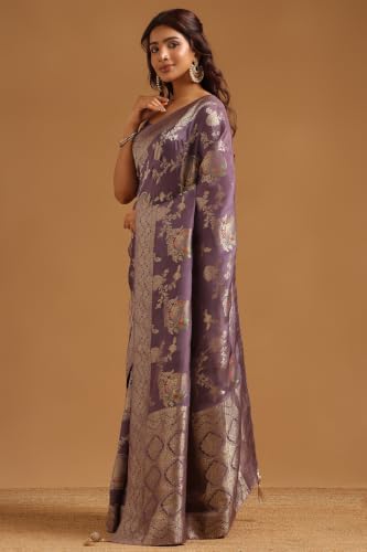 Soch Womens Lavender Satin Botanical Zari Woven Saree