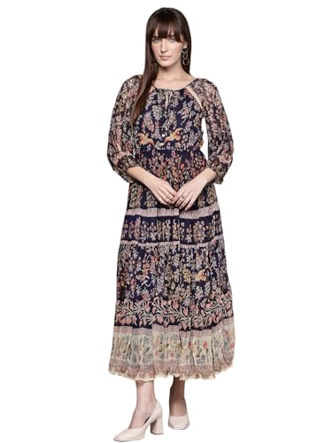 Label RITU KUMAR V Neck Full Sleeves Printed Long Dress Navy