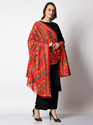 SWI WITH LABEL Women's Embroidered Phulkari Chiffon Dupatta(SFD55_Multicolored)