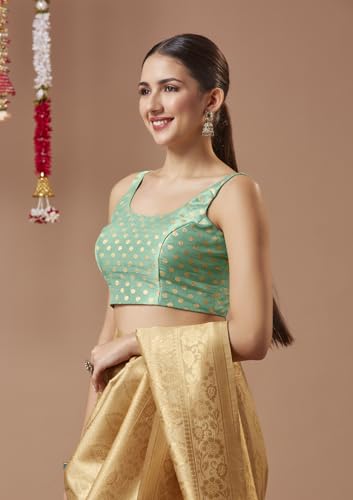 SALWAR STUDIO Turquoise Brocade Spaghetti Readymade Blouse