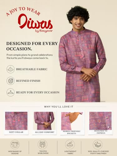 DIWAS BY MANYAVAR Men's Cotton Blend Tribal Prints Kurta Set (Lilac,L)