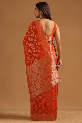 Soch Womens Orange Crepe Botanical Zari Woven Saree