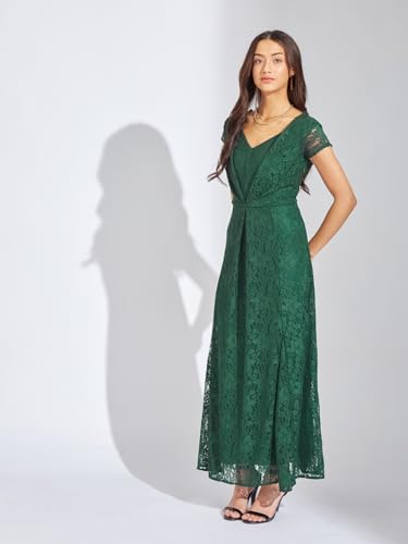 Latin Quarters Women's Green Cap Sleeve V-Neck Party A-Line Dress_M