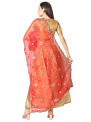 DUPATTA BAZAAR Women's Embroidered Red Glass Tissue Dupatta