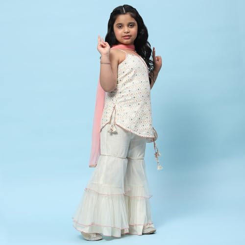 BIBA Girls Cotton Embroidery Relaxed Kid Top With Palazzo Set(KW5093_CREAM_7), 7-8 Years