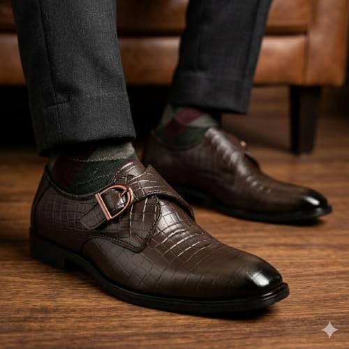 Leatherful Single Monk Strap Shoe, Genuine Leather, Black, TPR Sole, Nappa Leather Lining, (Croco Brown, UK Footwear Size System, Adult, Men, Numeric, Medium, 9)