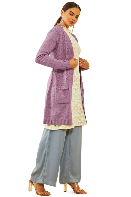 Soch Womens Purple Acrylic Chevron Pattern Knitted Open-Front Longline Shrug