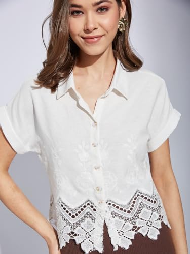 Latin Quarters Women White Collar Neck Half Sleeve Printed Shirt Blouse_L