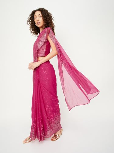 Max Women Sequinned Pre-Stitched Saree with Blouse(Pink_XL)