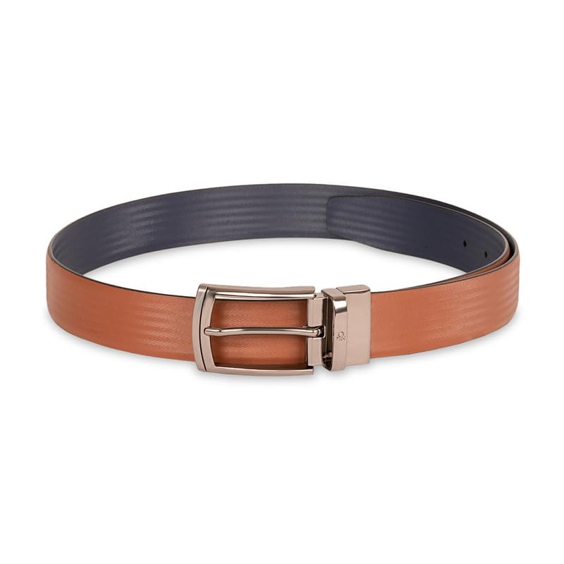 UNITED COLORS OF BENETTON Men Leather Reversible Belt - Tan+Navy, Xl 1.10M | Semi Formal Wearability | Pin Closure | 42-44 Waist Size | Solid Pattern