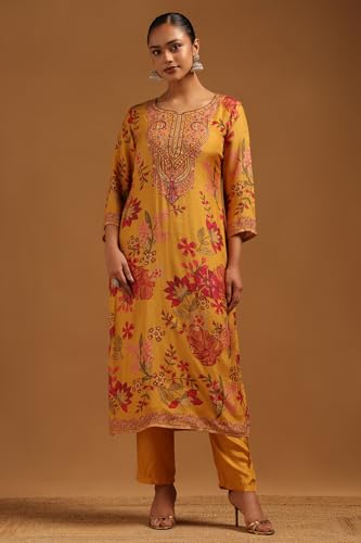 Soch Womens Mustard Muslin Floral Suit Set With Bead Details