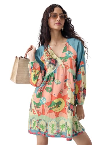 The Souled Store Textured Dress: Astral Bloom Women and Girls Long Sleeves V-Neck Graphic Printed Viscose Nylon Blend Relaxed Fit Lightweight Casual Tiered Smock Dress